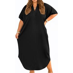 Beautife Women's Plus Size T Shirt Dress Collared V Neck Short Sleeve Maxi Dress Casual Curved Long Dresses with Pockets, 3XL