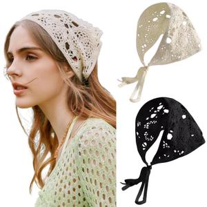 FULZTEY Crochet Bandanas Headbands for Women Black Bandana White Hippie Hairband Hallow Flower Head Scarf Knitted Floral Headwraps Vintage Head Kerchief Boho Hair Accessories 2Pcs (Style 131)