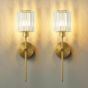 KARTOOSH Hardwired Crystal Wall Sconces Set of Two - Dimmable Wall Light Fixtures 3000K, Warm White, for Hallway, Bathroom, Living Room, Bedroom, Brass, 20.1 Inch