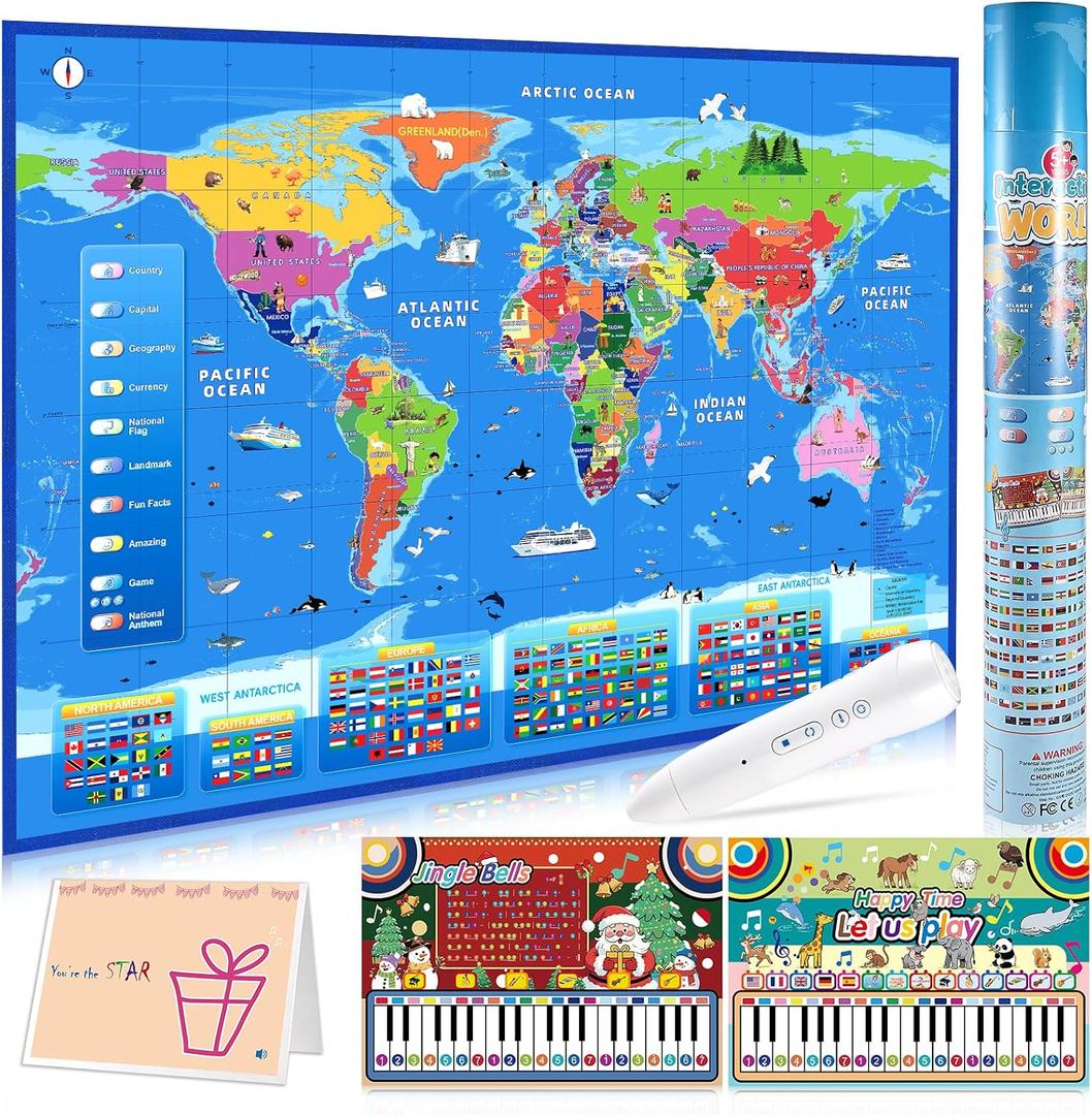 Interactive World Map for Kids Ages 5-12 with Talking Pen | Educational Geography Toy with Piano Music Card & Recordable Greeting Card | Gift for Christmas & Birthdays