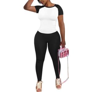 PINSV 2 Piece Sets for Women Summer Workout Sets Short Sleeve Top Jogger Legging Pants Track Suits Black B L