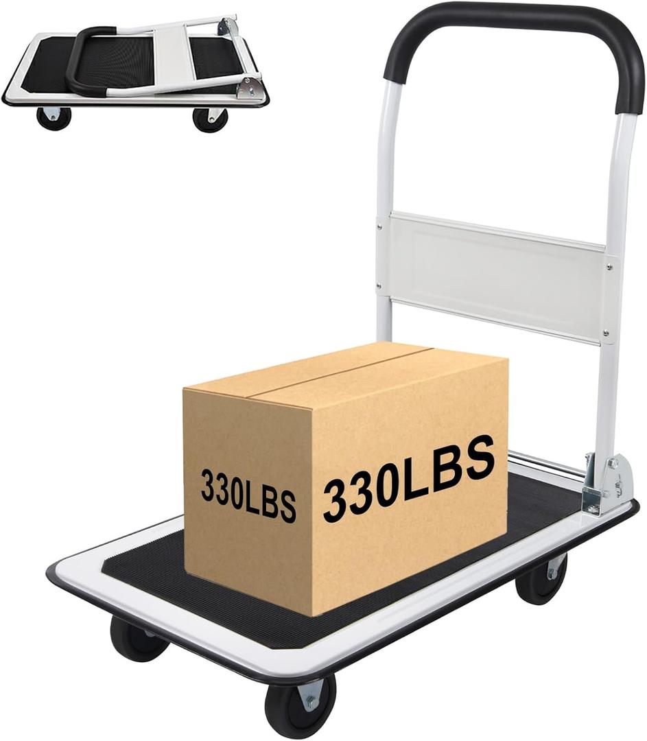 LEADALLWAY Foldable Push Cart Platform Cart 330lbs Capacity 4 Wheels 28.7x18.5x32.3inches White Small Flatbed Cart