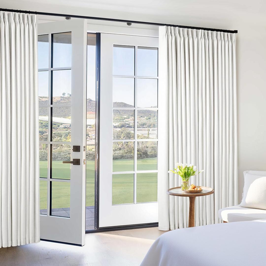 Blackout Linen Curtains 108 Inches Long 60 Inch Wide for Living Room Bedroom Pinch Pleated Back Tab Thermal Insulated 100% Black Out 2 Layer Window Drapes for Sliding Door Beige White 60x108 1 Panel