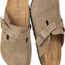 Womens Genuine Suede Clogs for Women Slip-On Buckle Slides Women's Mules & Clogs Natural Rubber Cork Footbed Sandals Potato Shoes with Arch Support (Beige)
