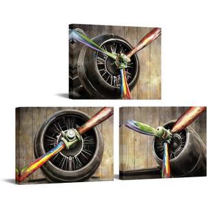 iKNOW FOTO 3 Pieces Vintage Airplane Propeller Canvas Wall Art Plane Engine Artwork Rustic Aircraft Painting Print Pictures for Office Man Cave Decor Each Panel 12x16inch (Small)