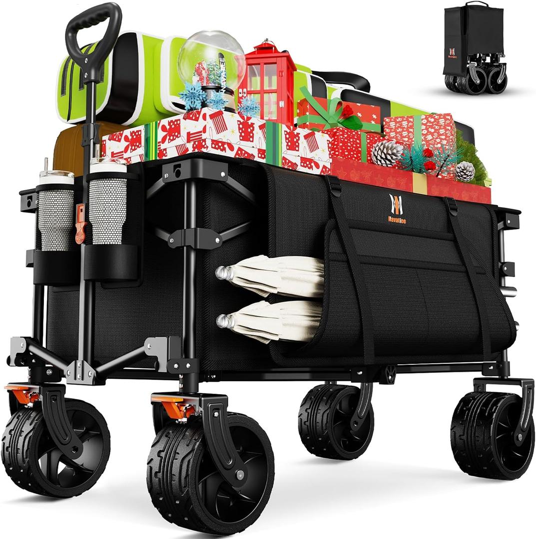 Navatiee Big Wheels Collapsible Wagon Cart Foldable, Heavy Duty Beach Wagon with Silent All-Terrain Wheels, Folding Utility Grocery Cart with Side Pocket and Brakes for Camping Garden Sports, Black