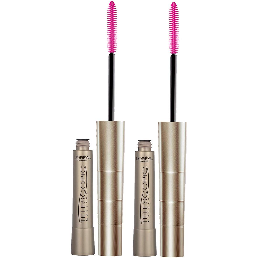 LOreal Paris Makeup Original Telescopic Mascara, Separating Mascara Volume and Length Formula, Washable, Blackest Black, 0.27 Fl Oz., 2 Count