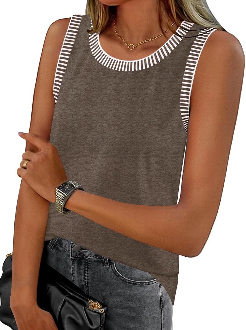 MEROKEETY Womens Tank Tops 2026 Summer Casual Sleeveless Crew Neck Basic T Shirts Beach Striped Color Block Clothes, Large