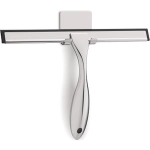 All-Purpose Stainless Steel Shower Squeegee for Glass Doors with Adhesive Hooks, Squeegee for Shower Glass, Bathroom Household Cleaner Tool for Window Mirror Tile Wall Car, 10 Inch Silver