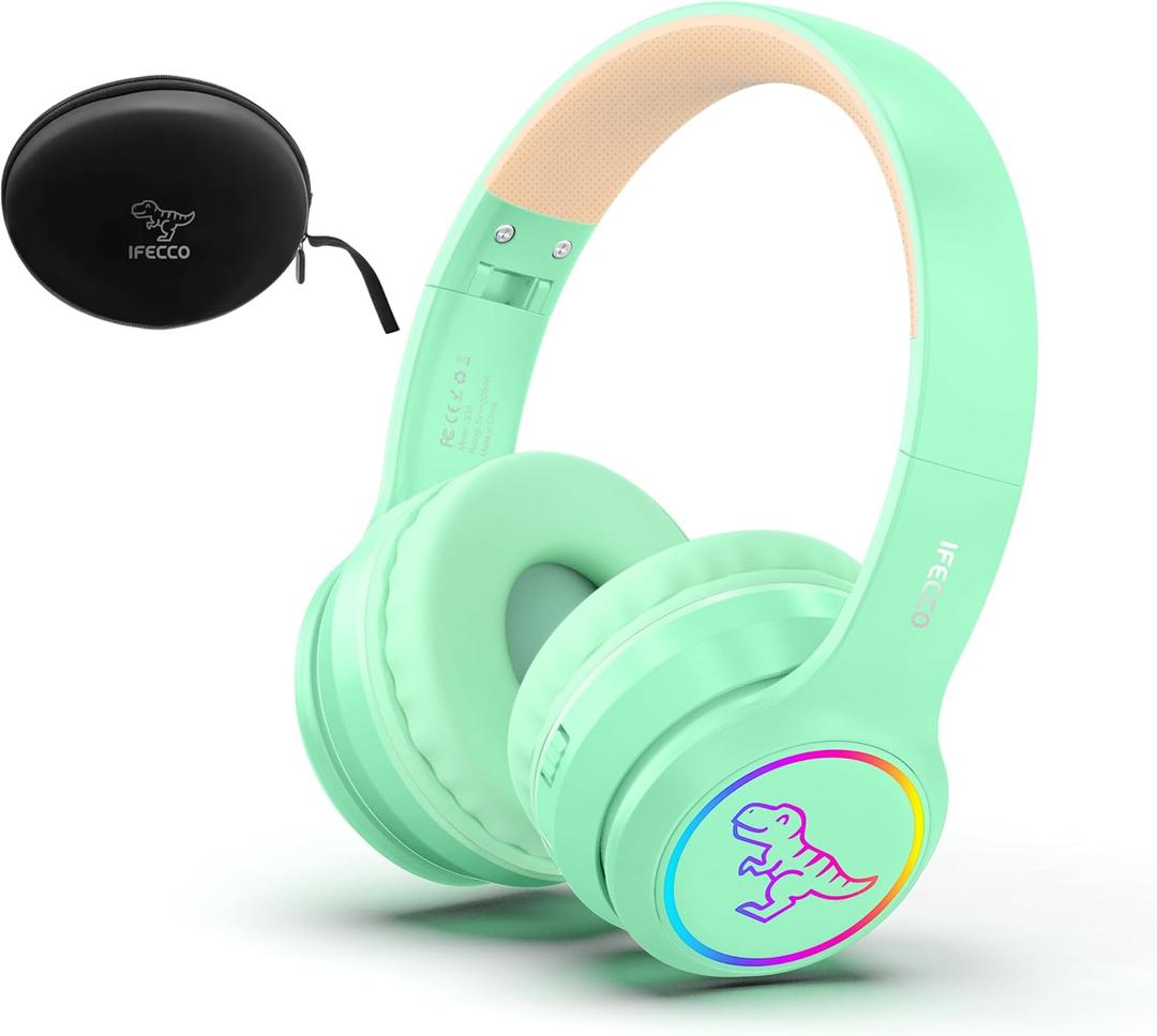 IFECCO Kids Wireless Headphones with Microphone,Cute Light Up Dinosaur Children Boys Girls Bluetooth Headphones with Case for School Travel Gifts (green-yellow)