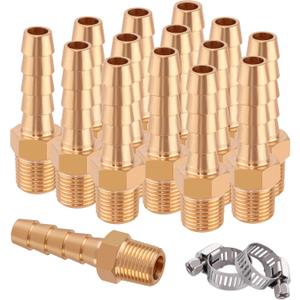 15 Pack Brass Hose Barb Fittings,1/4" Barb to 1/8" NPT Air Hose Repair Kit,1/4" Barb to 1/8" NPT Male Thread Hose Barb Adapter Connector, Barbed Air Hose Repair Fitting with 15 Pcs Hose Clamp