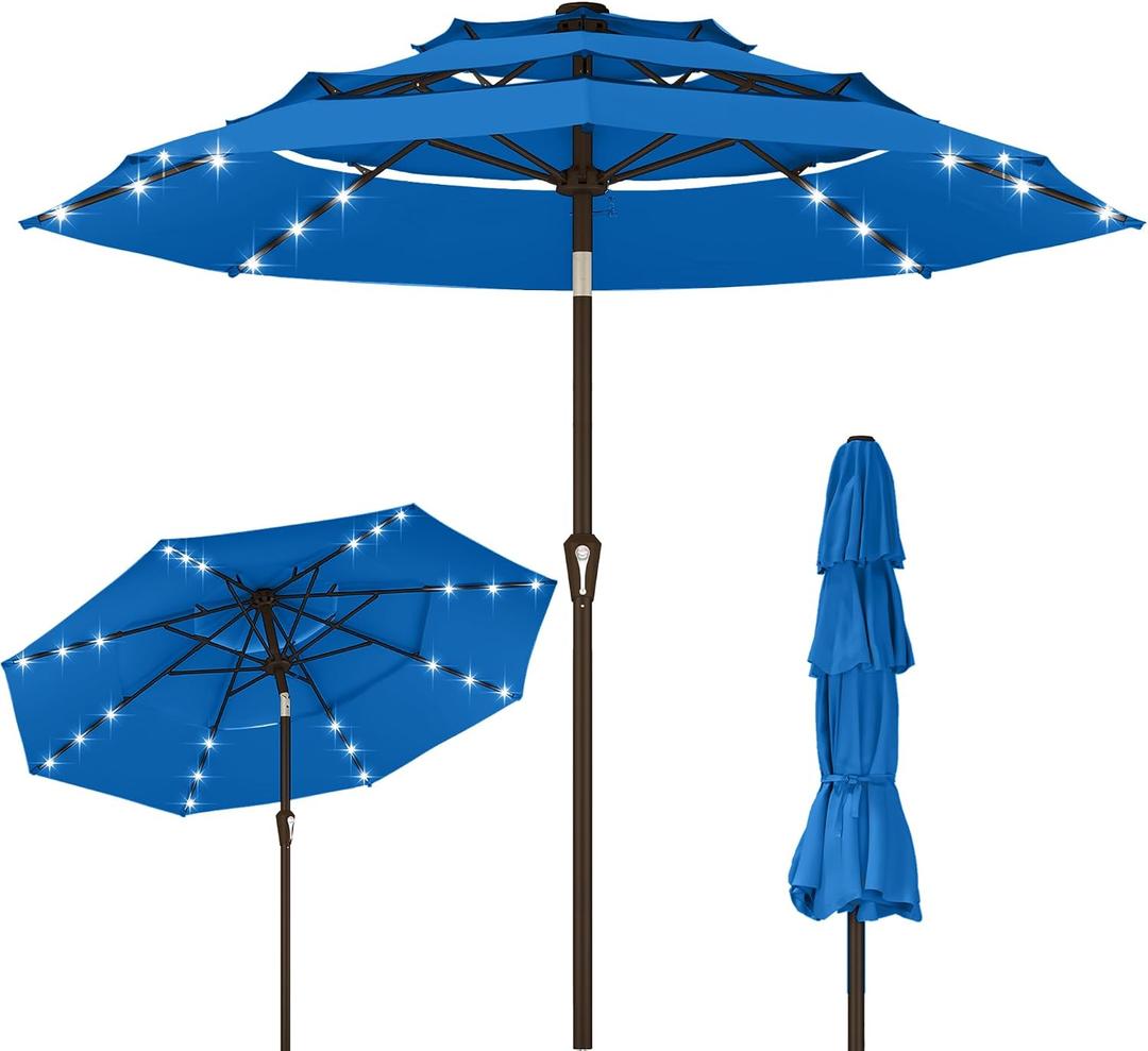 Kingdura 10ft 3-Tier Patio Umbrella with Solar Lights, Table Umbrella Outdoor Patio with Easy Crank & Tilt, 8 Sturdy Ribs, UV Protection, 32 LED Lights for Deck, Poolside, Market (Royal blue)