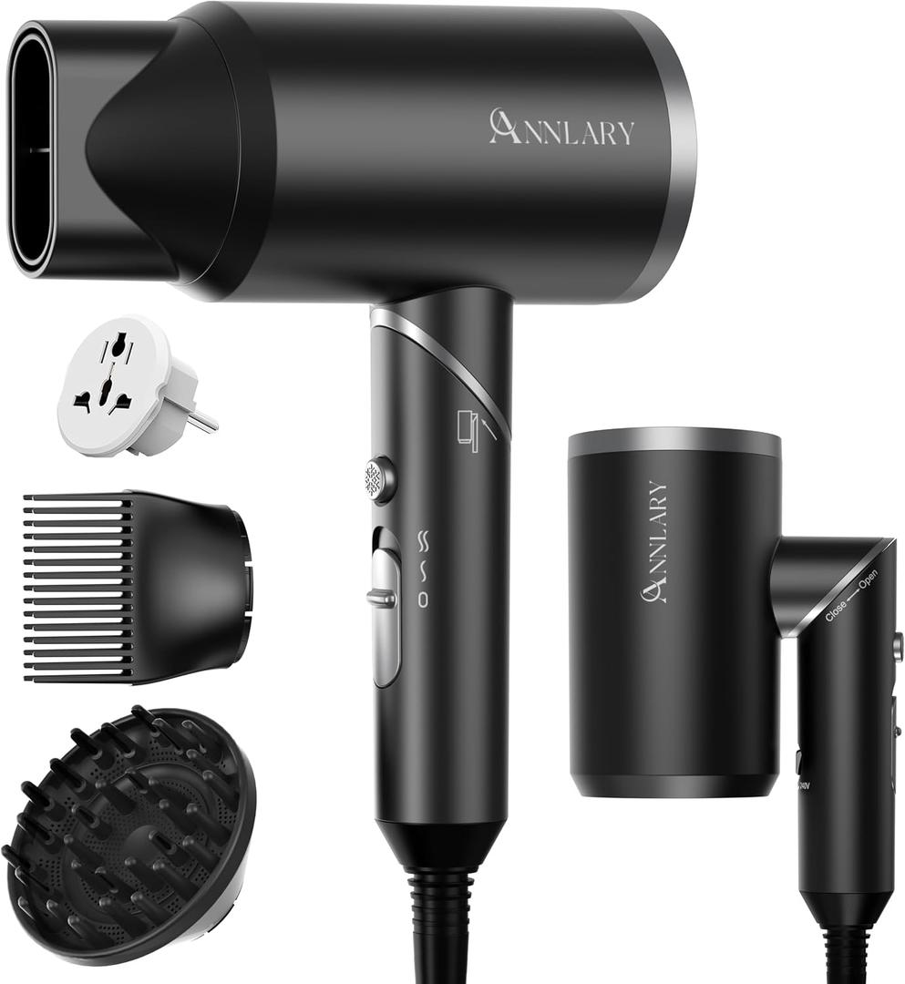 ANNLARY Dual Voltage Travel Hair Dryer with Diffuser & Comb, 1800W Portable Foldable Blow Dryer, Plasma Ionic Hairdryer for Frizz Control & Shine, Low Noise, 110V-120V/220V-240V European Use