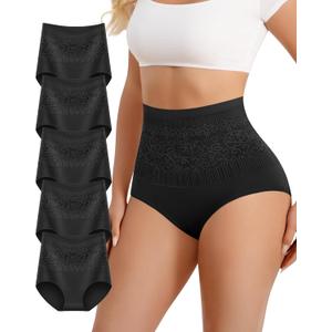 Women's Cotton High Waisted Underwear Stretch Panties Full Coverage Postpartum Soft Briefs Breathable 5 Pack (X-Large, Black)