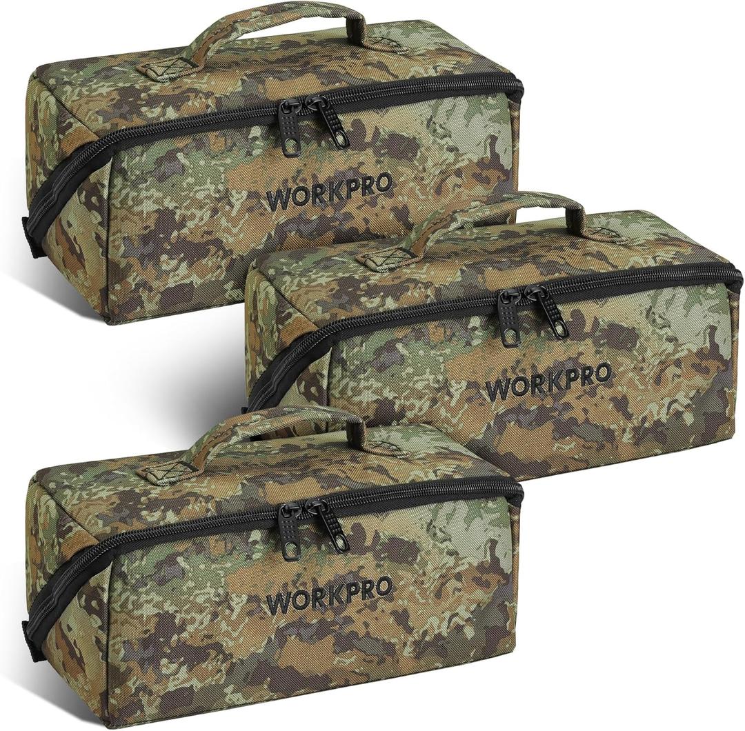 WORKPRO Tool Bag with Zipper, 10" Utility Wide Mouth Heavy Duty Tool Storage Bag, Multipurpose Zipper Tool Pouch Tote Bag for Organizer 3-pack, Camo