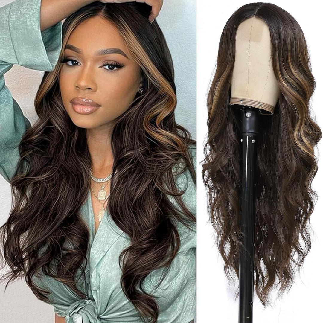Long Dark Brown Wigs 26 Inch Ombre Brown Mixed Blonde Highlight Wig for Women Long Curly Wavy Synthetic Heat Resistant Wigs for Daily Party Use, Average