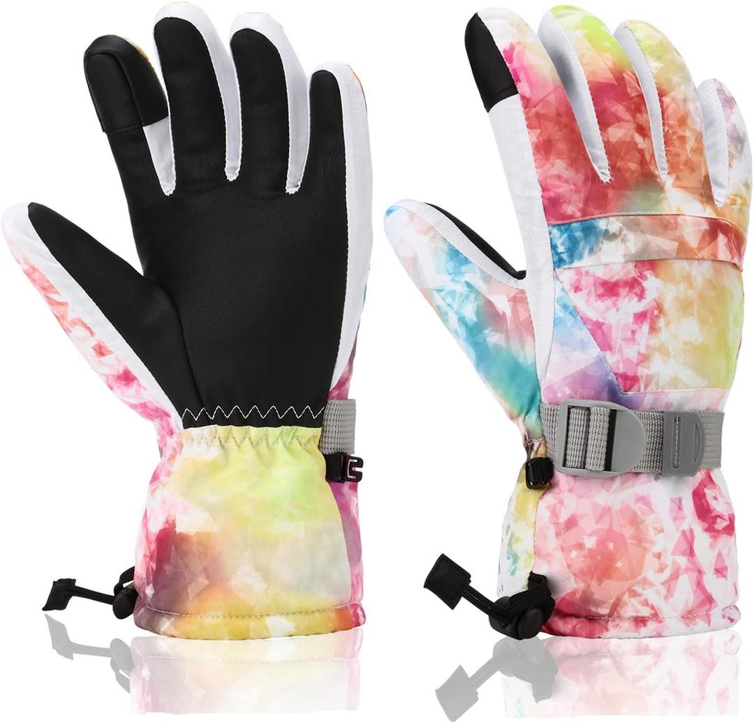 Ski Gloves for Men Women Kids - Waterproof Thermal Winter Snow Gloves, Touchscreen Compatible for Skiing, Snowboarding, Cold Weather, Parent-Child Outdoor Activities (S(Fits kids 8-10), Colorful)