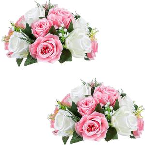 Sziqiqi Pack of 2 Fake Flowers, Silk Rose Flowers, Suit for Wedding/Party Centerpiece Road Lead Flower Rack Decorations, 2 Pieces (Pink & White)