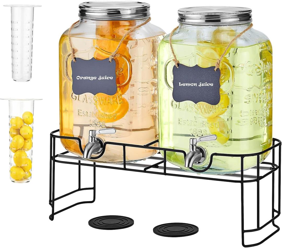 2 Gallon Drink Dispensers for Parties, 2 Pack Beverage Dispensers with Stand, Glass Water Jug Dispenser