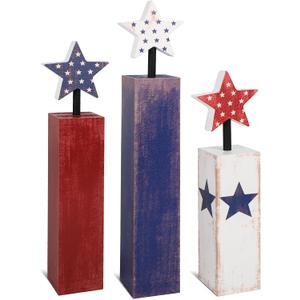 COCHIE 4th of July Decorations Set, Red White Blue Decor, Wooden Patriotic Memorial Day Tiered Tray Decor, Labor Day Decorations, Fourth of July Decoration for Home Office Table (Solid Retro)