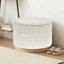 Round Storage Ottoman with Tray Lid, Folding Chenille Fabric Footrest with Hidden Storage, 22.8" Large Footstool Side Table for Dorm Living Room Bedroom, Wood Grain Base, Cream White