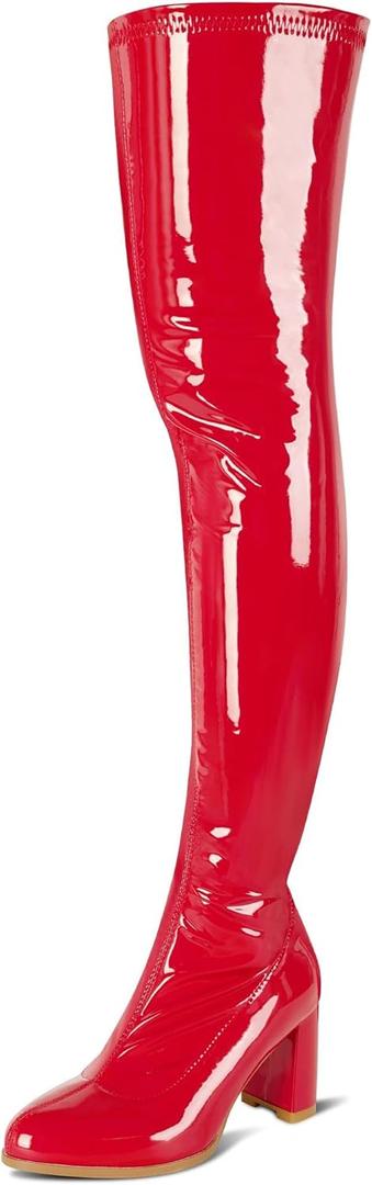 girgod Thigh High Boots for Women Sexy Pointed Toe Over The Knee Boots Cosplay Dance Party Patent Leather Chunky Heels GOGO Knee High Boots (9, Red)