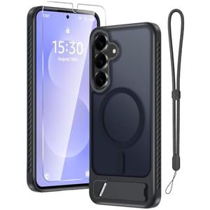 RMOCR for Samsung Galaxy S25 FE Case with Screen Protector+Lanyard Wrist Strap,Magnetic Translucent Matte Rugged Slim Phone Cover Built in Invisible Kickstand [Fit for MagSafe], Black