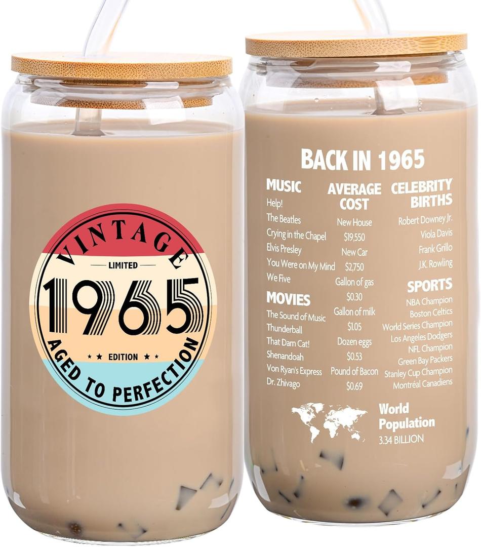 60th Birthday Gifts for Women - 1965 60th Birthday Decorations Gifts for Her Him Men 60 Year Old Bday Gift for Women Mom Wife Turning 60 Gift Glass Cup with Straw