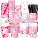 Layhit 100 Sets Pink Christmas Disposable Coffee Cups with Lids Sleeves and Stirring Straws 12oz Snowflake Coffee Paper Cups for Christmas Party Supplies