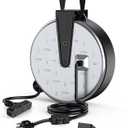 DEWENWILS Metal Extension Cord Reel,30FT Retractable Extension Cord, 16AWG/3C SJTW Power Cord, 3 Electrical Outlets, 10A Circuit Breaker, Wall or Ceiling Mountable for Workshop, Garage, UL Listed (Silver/Black-black Cord)