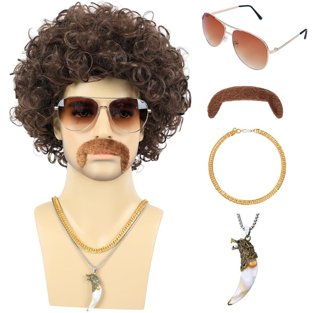 6pcs Set 70s 80s Disco wig with Mustache Sunglasses Necklace Golden Chain Short Curly Synthetic Hair Afro Mens Wig for 60s Rocker Hippies Costume Cosplay Halloween Party (Dark Brown)