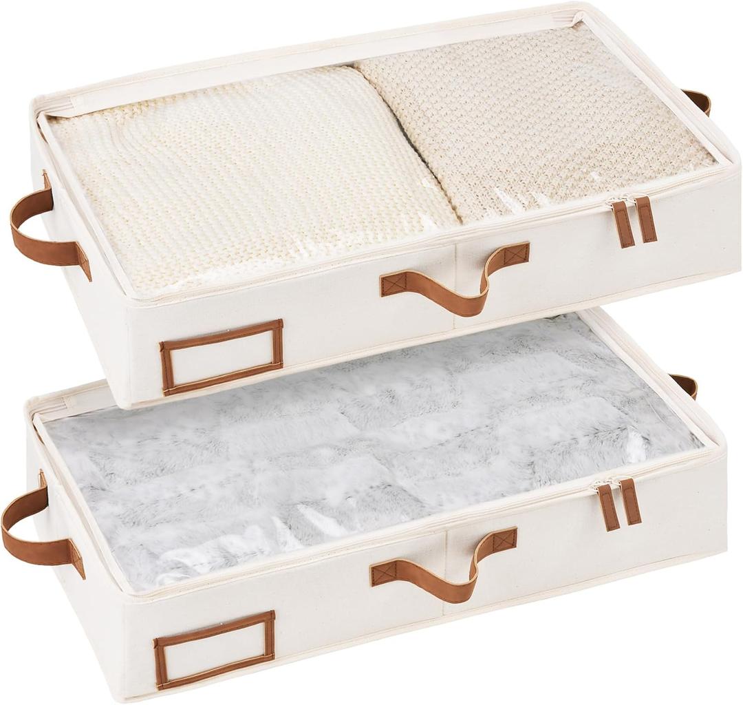 StorageWorks Under Bed Storage Containers with Handles and Label Holder, 2 Pack Ultra-thick Fabric Underbed Bins, Closet Organizer for Clothes, Blankets, Sweater (Medium, Ivory White)