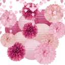 Hot-Pink Decorations for Party - 17pcs Tissue Paper Flowers Pom Poms Lanterns Birthday Bridal Baby Shower Wedding Anniversary Bachelorette Engagement Graduation Hanging Decor Hongtongtong
