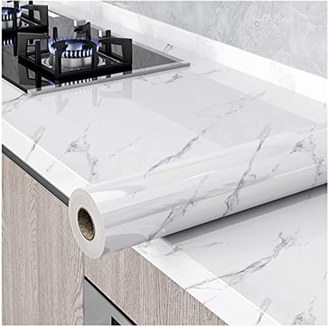 Glossy Marble Paper Granite Gray/White Wallpaper Peel and Stick Wallpaper Self Adhesive Removable Wallpapers 15.8 78.7 Waterproof Countertop Paper for Cabinet Countertop Furniture Kitchen Viny Film