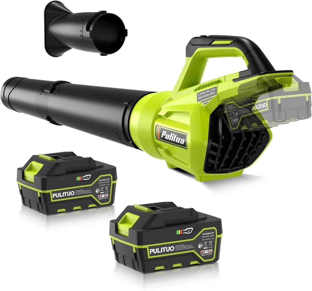 PULITUO Leaf Blower Cordless, 500CFM/ 125MPH Lightweight Cordless Blower with 2X 4.0 Batteries and Fast Charger, Variable Speed Battery Leaf Blowers for Lawn Care, Leaves, Grass, Patio, Yard