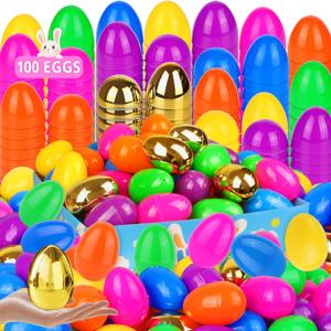 100 Pack 3.1" Fillable Easter Eggs with 6 Surprise Gold Eggs, Colorful Plastic Eggs for Easter Egg Hunts, Basket Stuffers Fillers, Party Favors, Classroom Rewards Prizes for Kids Toddlers Boys Girls