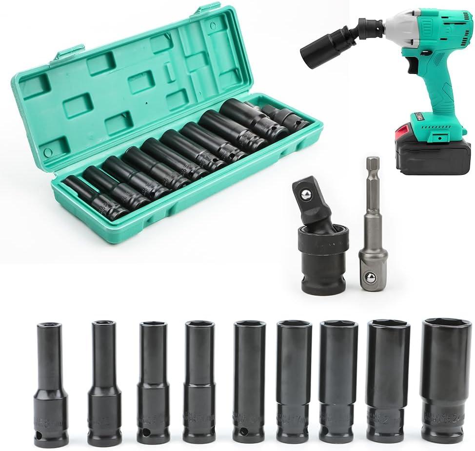 11 pcs 1/2 Metric Deep Impact Socket Set, Long Sockets 8mm to 24mm, Swivel Universal Joint and 1/4" Bit Adapter, Hex Drive, Flexible Angles Heavy Use for Power Drills, Impact Driver, Wrench