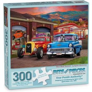 Bits and Pieces 300 Piece Puzzles for Adults 300 Large Pieces 18" x 24" Jigsaw Puzzles, Classic Cars Hot Rods, Random Die Cut, No 2 Pieces Alike, Hot Rod Sunset
