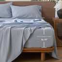 MooMee Fitted Bottom Sheet Only 100% Washed Cotton Linen Like Textured Breathable Durable Soft Comfy Deep Pocket Fits Mattress up to 17" (Cornflower Blue, Twin)