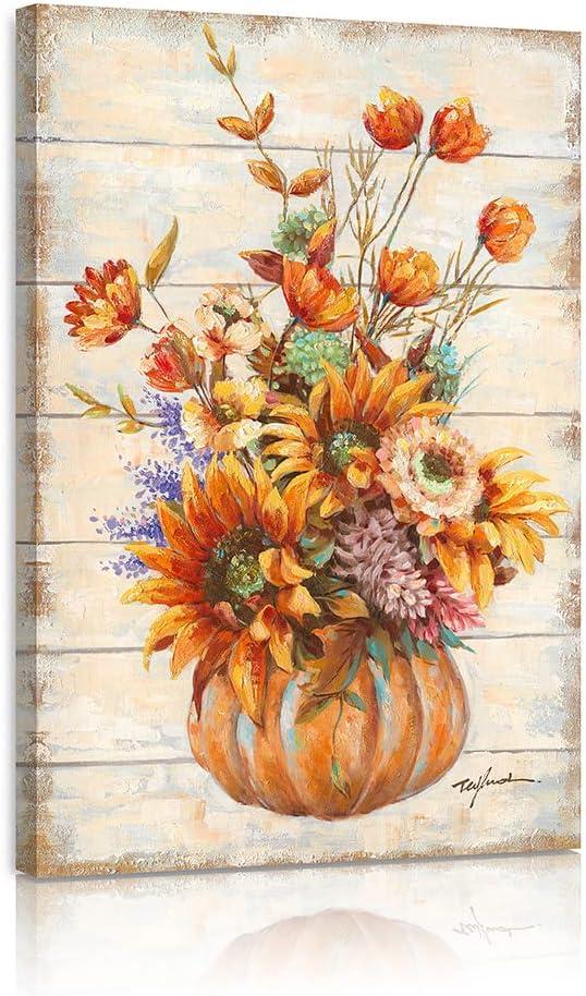 Yidepot Sunflower Kitchen Pictures Wall Decor: Vintage Inspirational Wooden Background Sun floral Vase Print for Girls' Bedroom Yellow Blooming Flowers Framed Ready to Hang (16"x24"x1 Panel)