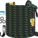 Garden Hose Non-Expandable 50 ft, Lightweight Flexible Water Hose with 10-Pattern Spray Nozzle, Leak Proof, Kink-Free, Portable Hose for Yard, Lawn, Camper, High-Density Fabric, Black Green