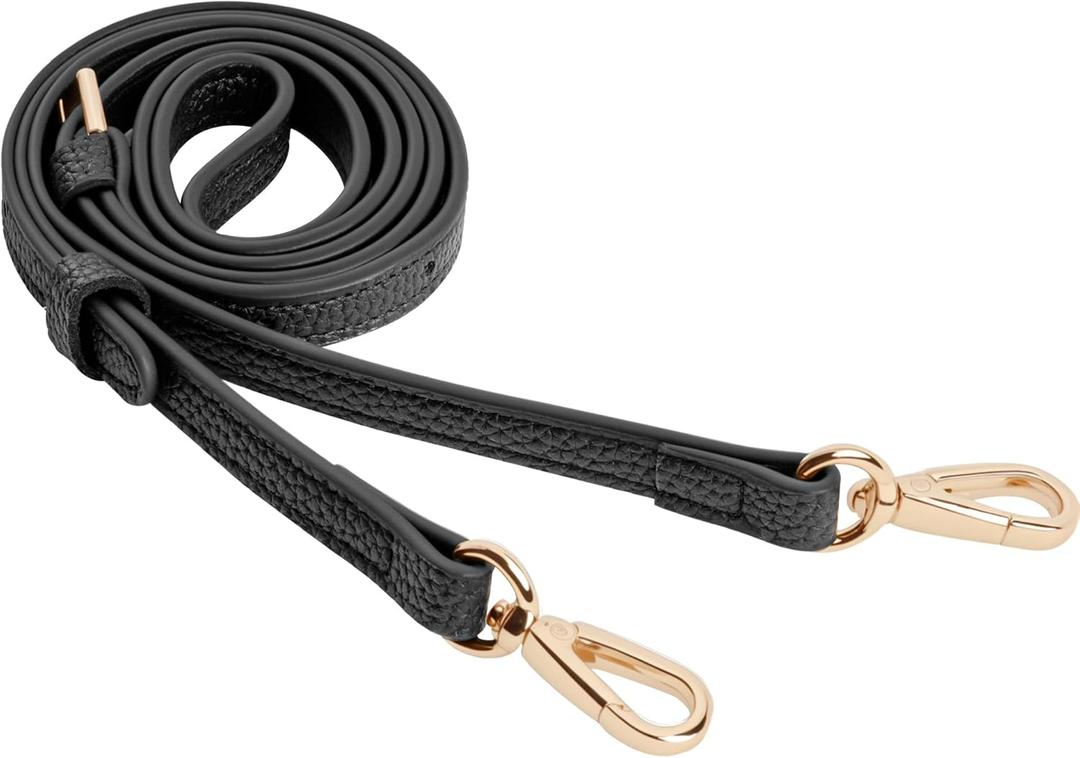 SEAVILIA PU Leather Purse Strap Replacement Crossbody Adjustable Long Thin Handmade Shoulder Handbags Strap (Thin (0.47" W x 43" to 51" L Adjustable), Black & Gold Hardware)
