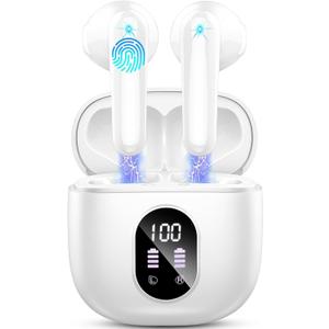 Wireless Earbuds, Bluetooth 5.4 Headphones 50H Playback Bass Stereo Ear Buds with 4 ENC Cancelling Mics, in-Ear Earphones with LED Display, IP7 Waterproof USB-C for Laptop Pad Phones Workout Rose Gold, White