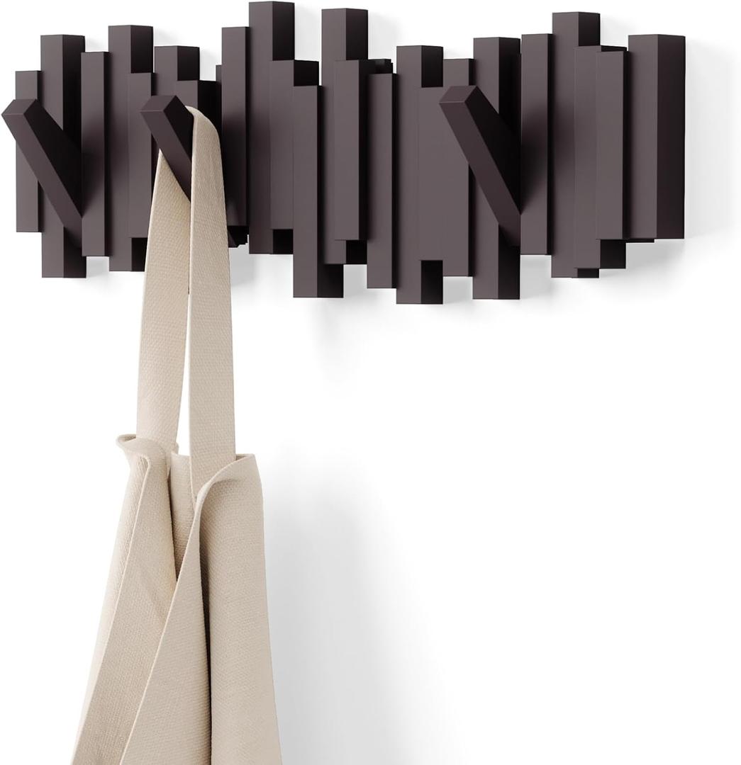 Umbra Sticks Wall-Mounted Coat Rack Rail Hook with 5 Retractable Pegs  Modern, Space-Saving Storage Organizer, Espresso