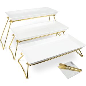 ECOIOU Extra Large 3 Tier Serving Tray, 24 x22 x 9.8 Inch Melamine Tiered Tray Stand and Platters for Party Buffet Entertaining, White and Gold