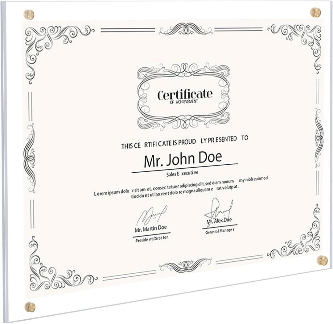 Kalami 11x14 Acrylic Wall Mount Picture Frame Self Adhesive, No Drill Holes Floating Frameless Clear Photo Frame for Diploma Certificate Degree Document Display Gallery Wall-Full Frame is 12x15