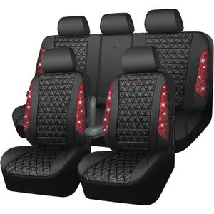 CAR PASS Bling Diamond Black Leather Car Seat Covers Full Set Interior Sets, Waterproof Shining Glitter Sparkly Crystal Universal Armrest Fit Automotive Truck SUV Cute Women Girl, Red Rhinestone