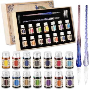 Calligraphy Pens, Dip Pen Set with 14 Color Inks, Glass Writing Instrument for Beginners