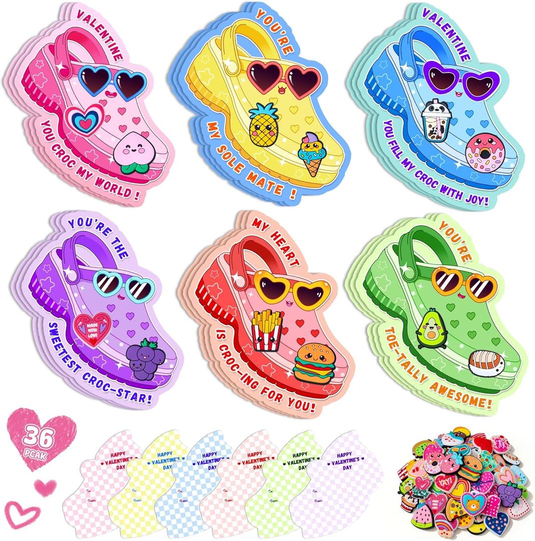 Valentines Day Cards for Kids School Classroom - 36 Valentine Cards with 72 Unique Shoe Charms, 6 Cute Designs - Valentine Exchange Gift for Boys Girls, Funny Valentines Cards for Kids Party Favors