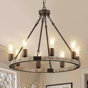 Farmhouse Wagon Wheel Chandelier 23.6" Wooden Chandelier Light Fixture 8-Light Rustic Chandeliers for Dining Room Living Room Entryway Foyer